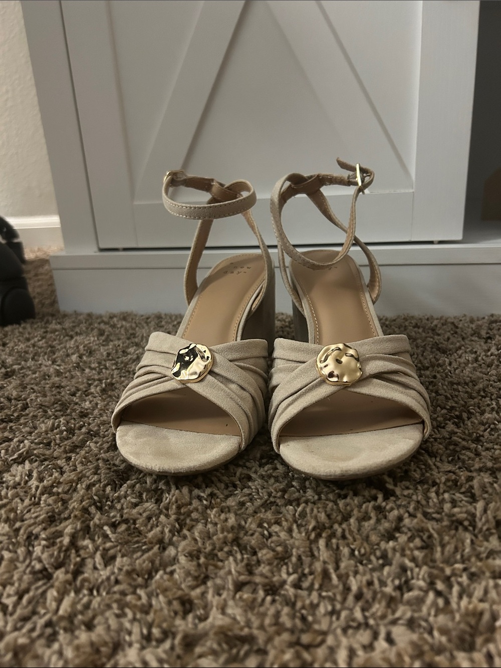 Target Beige Ankle-Strap Heeled Sandals with Gold Accent